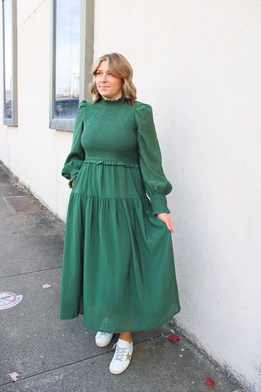 Deep Green Smocked Maxi Dress