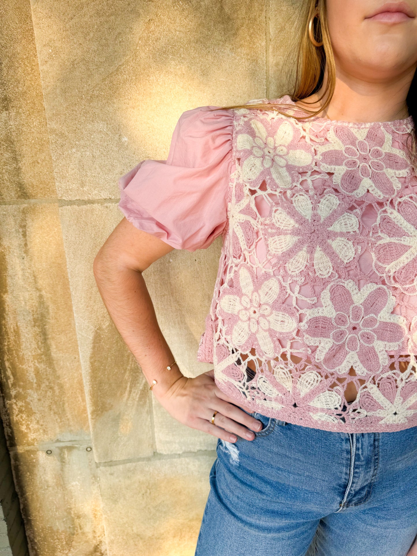 Pink Crochet Floral Top