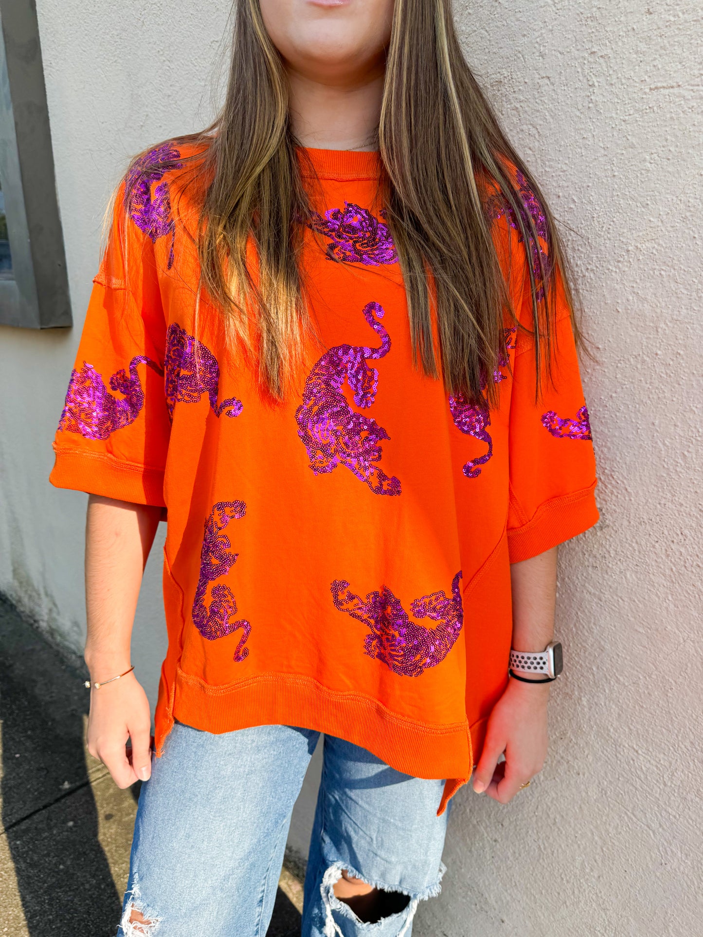 Orange Tiger Sequins Top