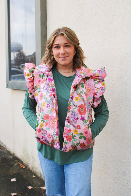 Pink Floral Puff Vest