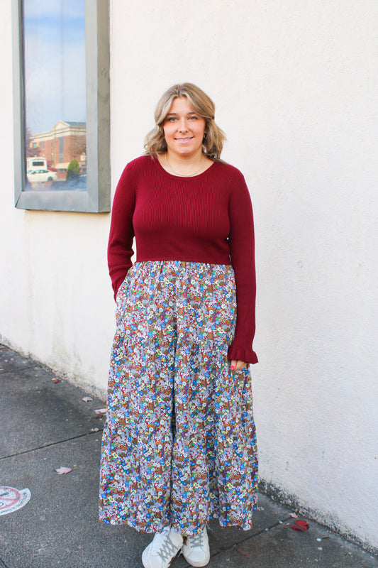 Burgundy Floral Sweater Dress