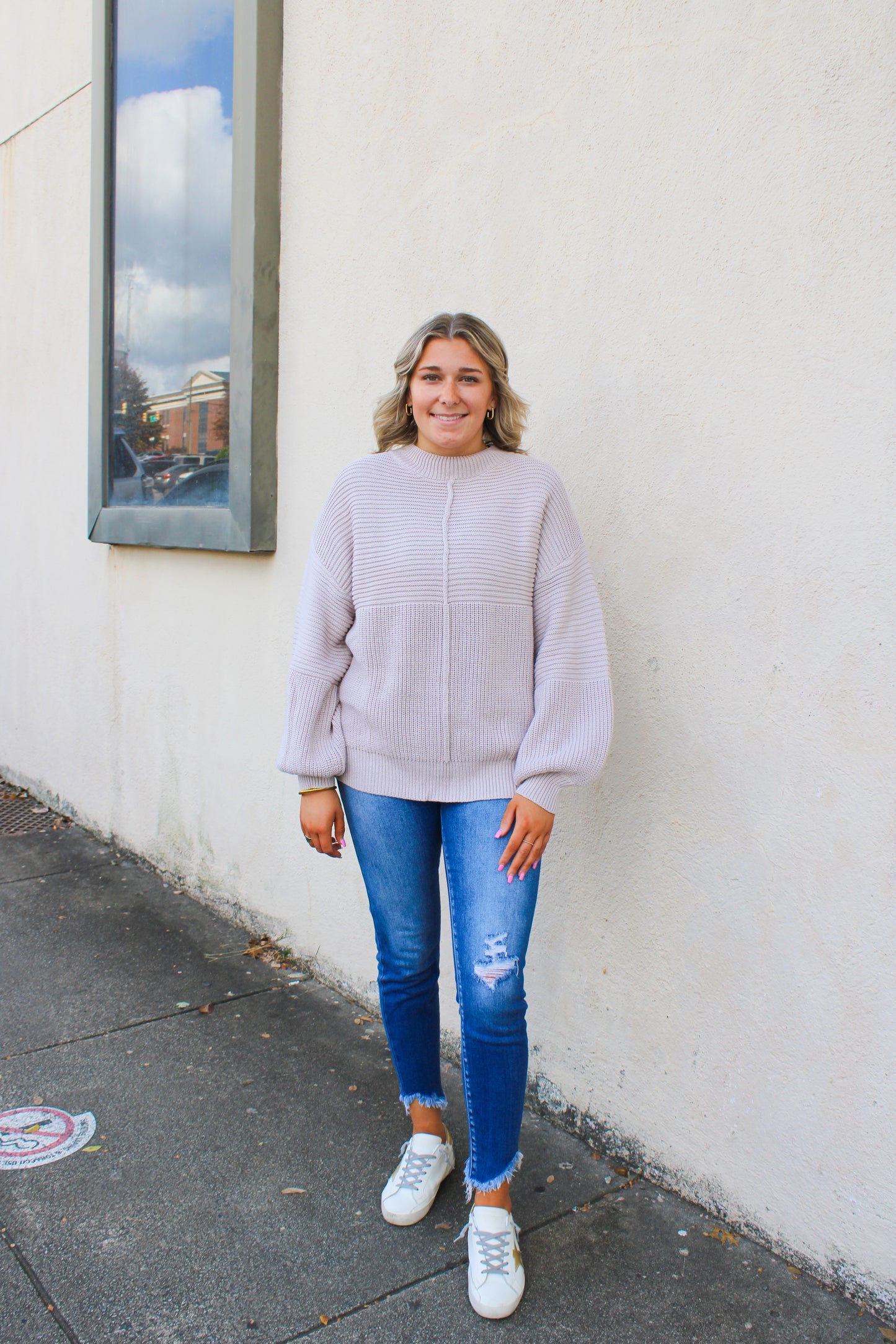 Beige Ribbed Knit Sweater