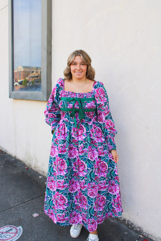 Hunter Green Floral Bow Dress