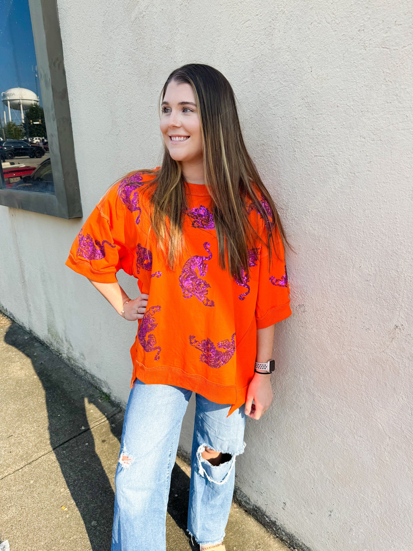 Orange Tiger Sequins Top