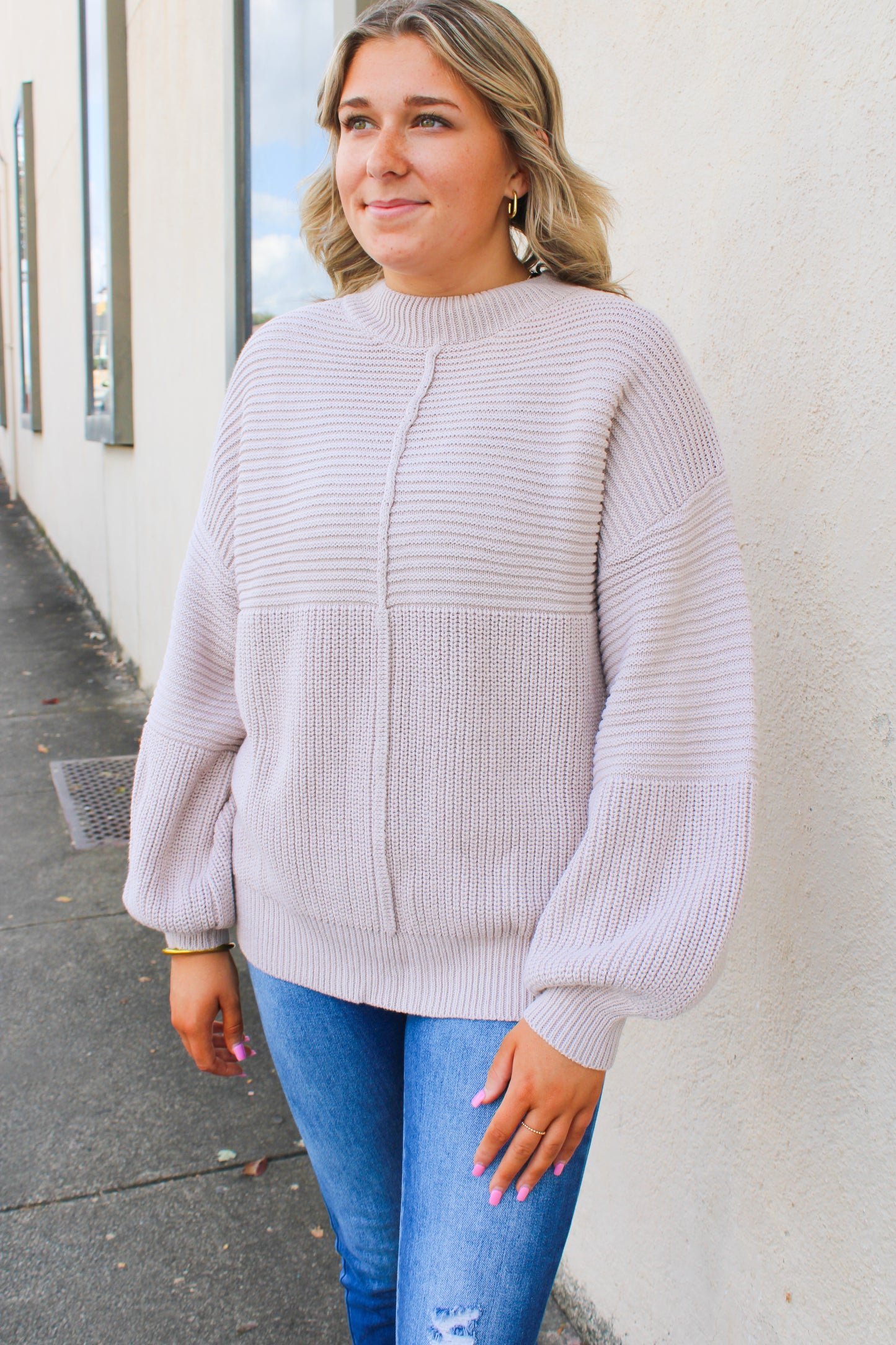 Beige Ribbed Knit Sweater