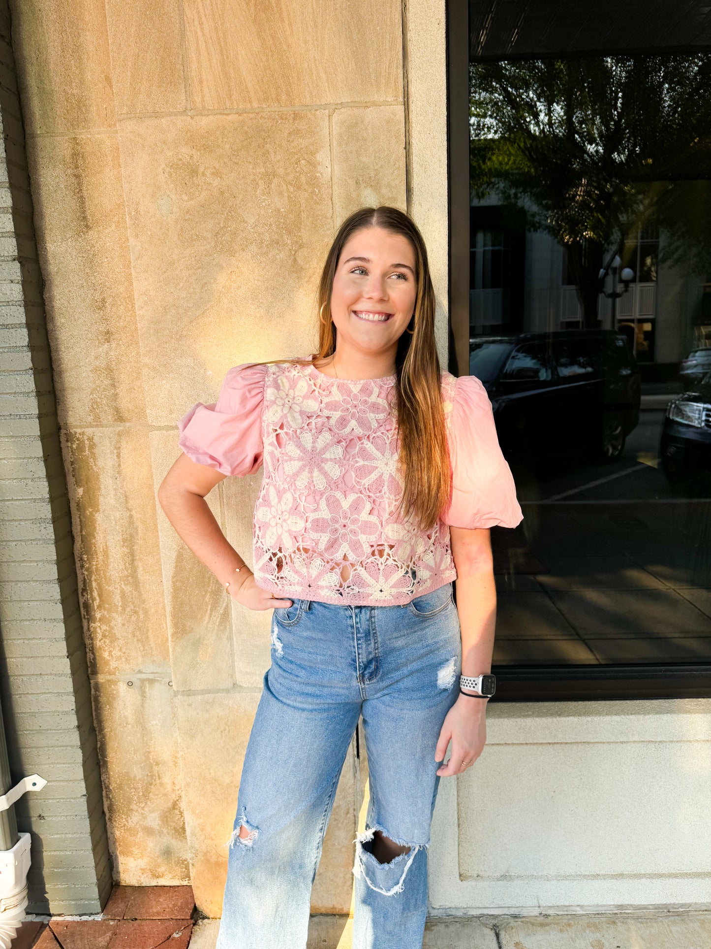 Pink Crochet Floral Top