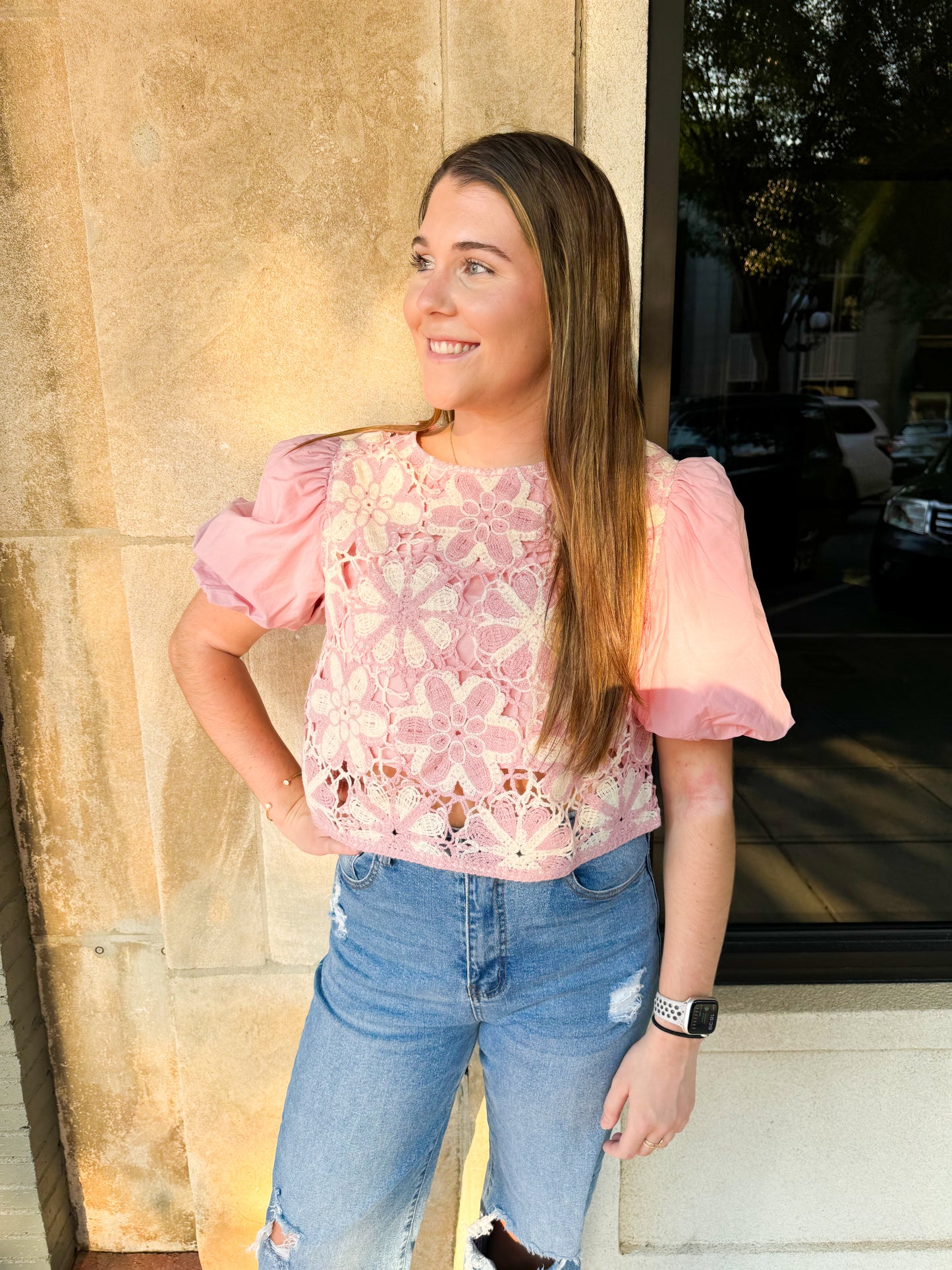 Pink Crochet Floral Top