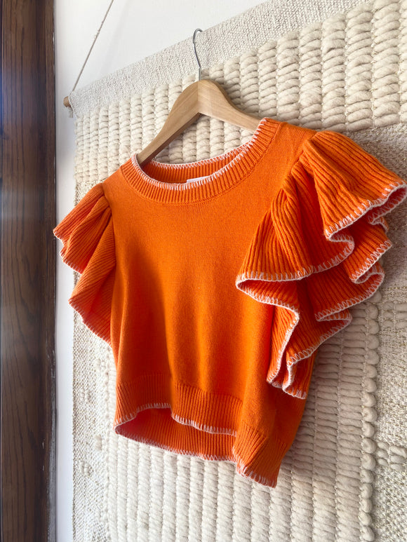 Orange Ruffle Sleeve Sweater