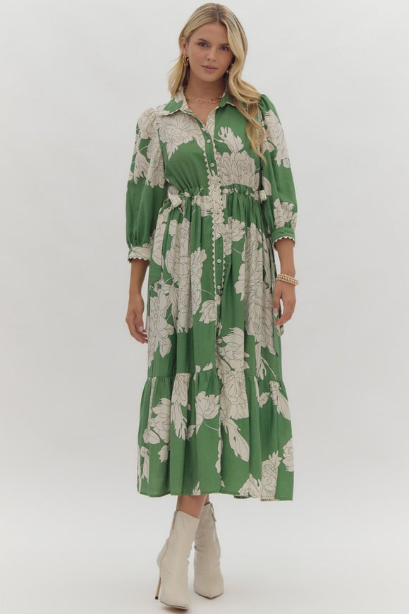 Green Floral Button Dress