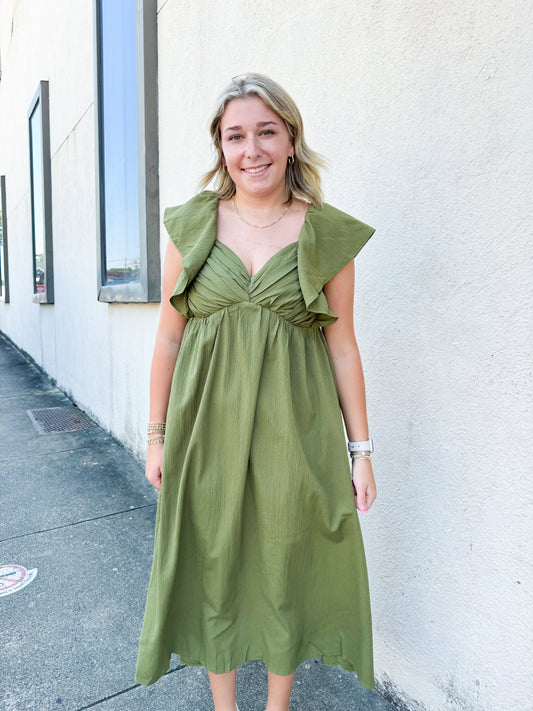 Olive Ruffle Sleeve Dress