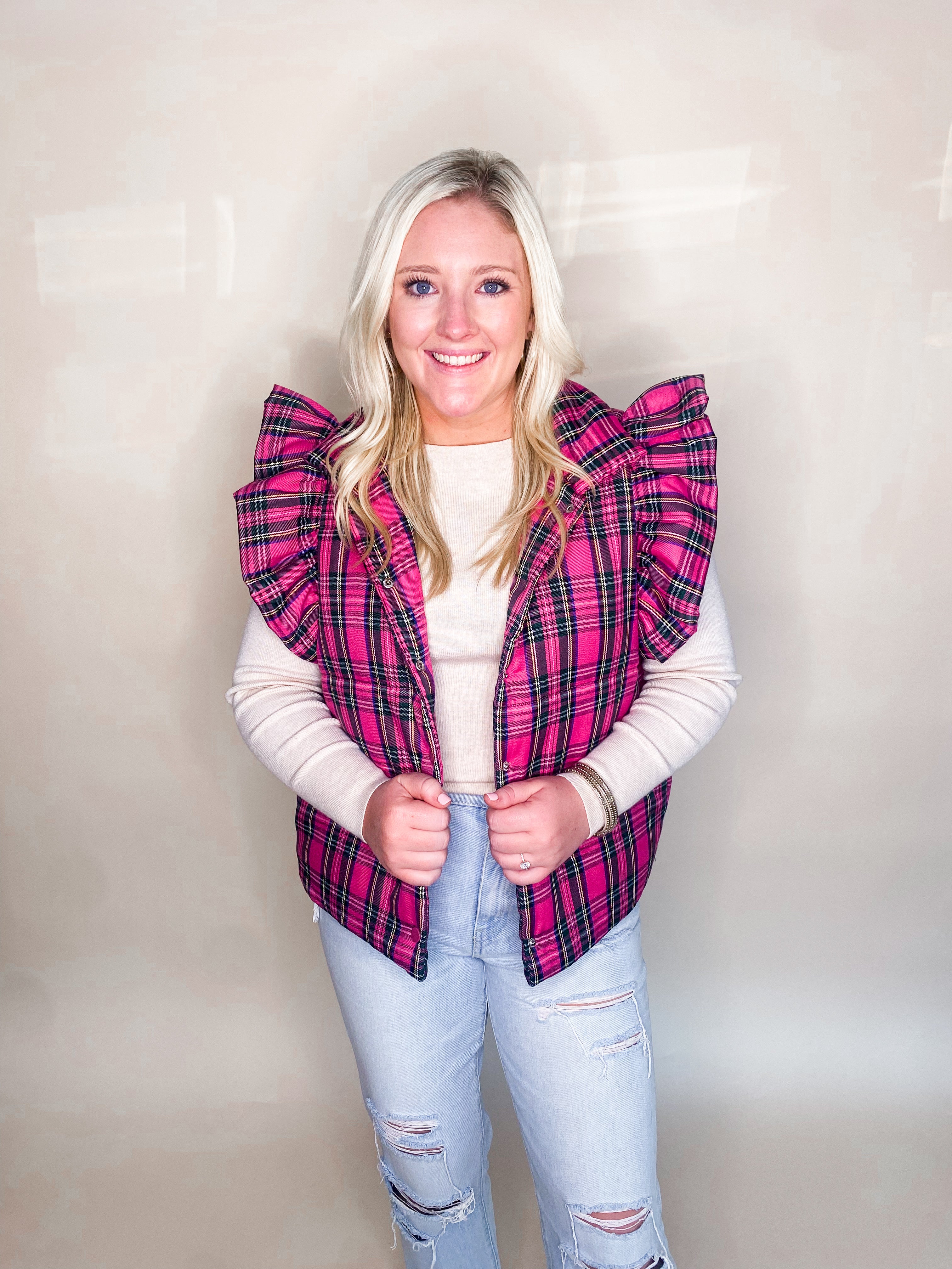 Tommy Bahama Women's Pink Plaid Puffer Vest on sale Ski Vest Winter Vest