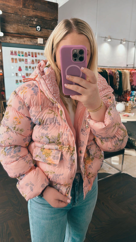 Pink Floral Puffer Jacket
