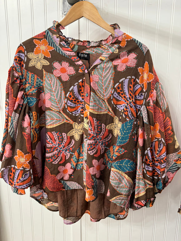 Brown Floral Button Top