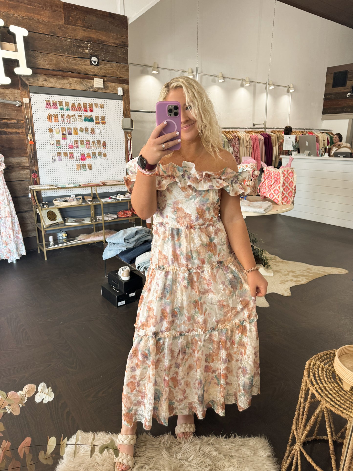 Cream Floral Off Shoulder Dress