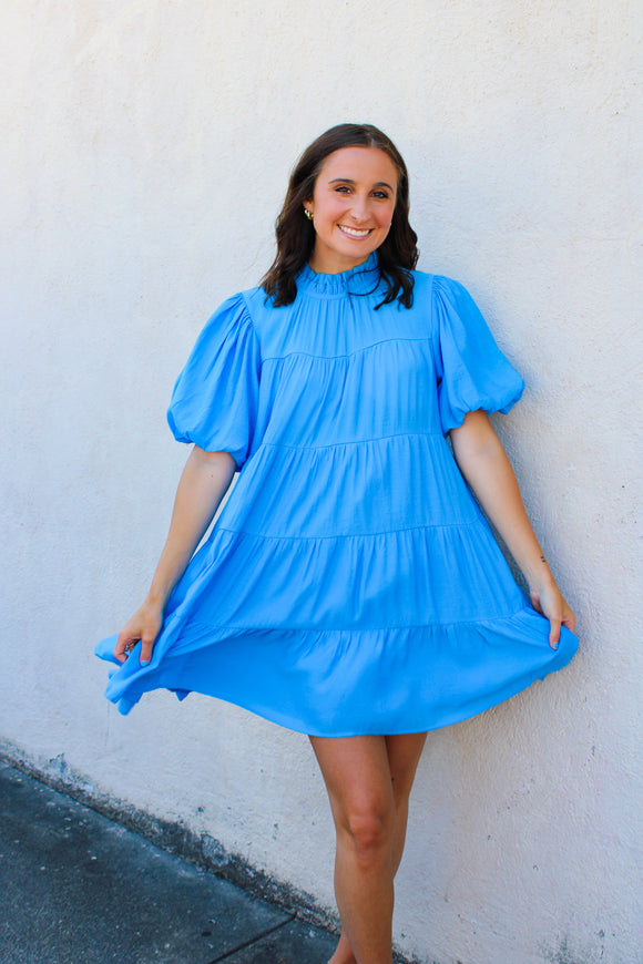 Blue High Neck Tier Dress