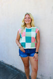 Sage Checker Color Block Top