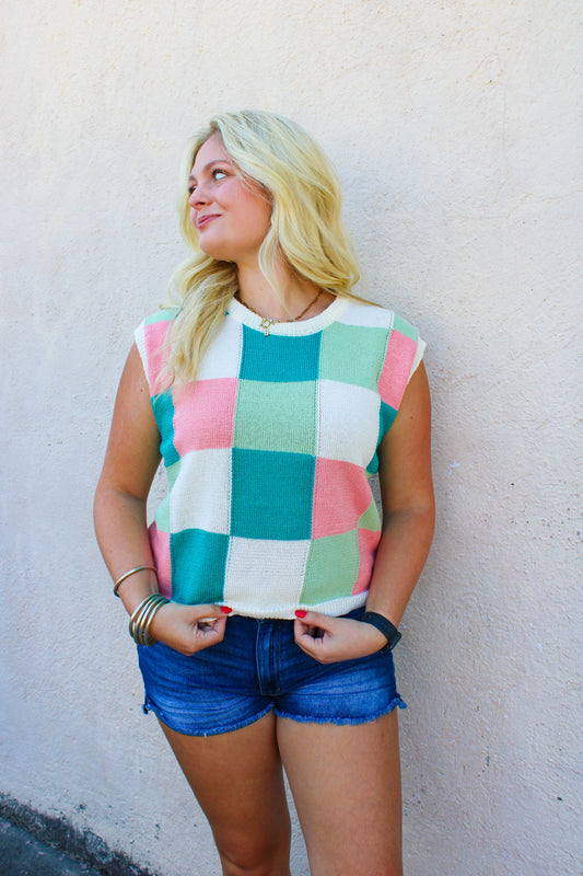 Sage Checker Color Block Top