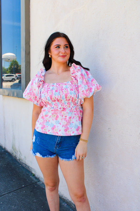 Pink Floral Smocked Top