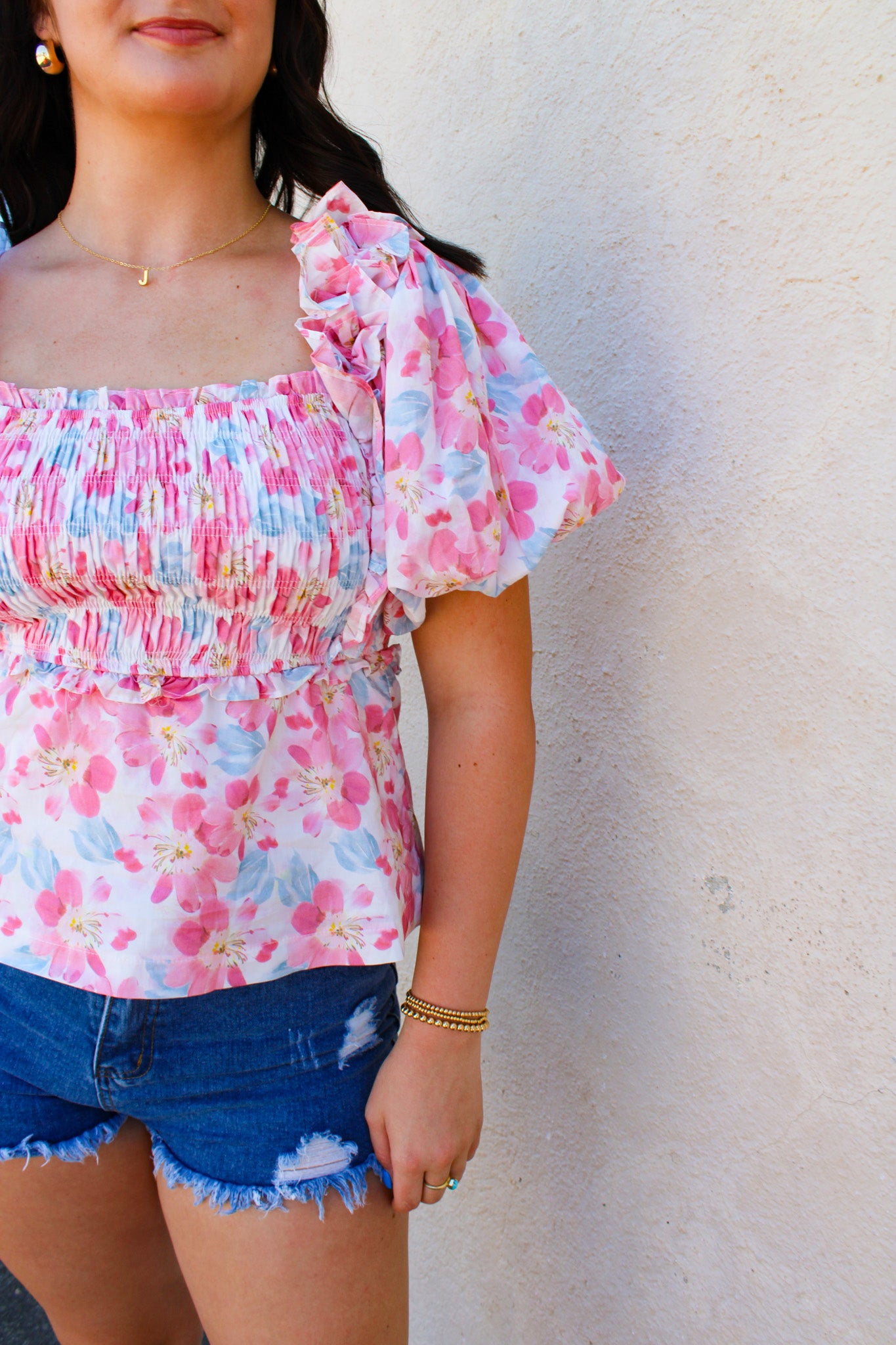 Pink Floral Smocked Top