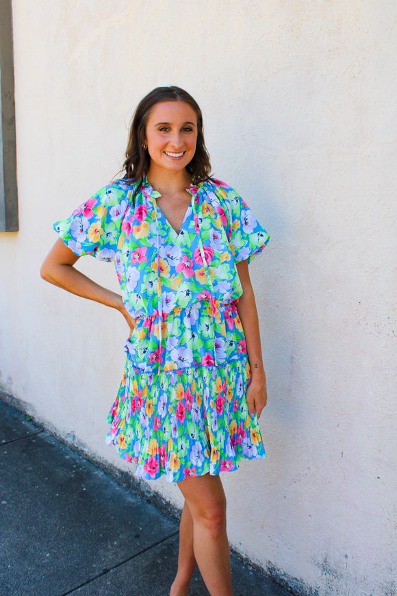 Blue Floral Pleat Dress