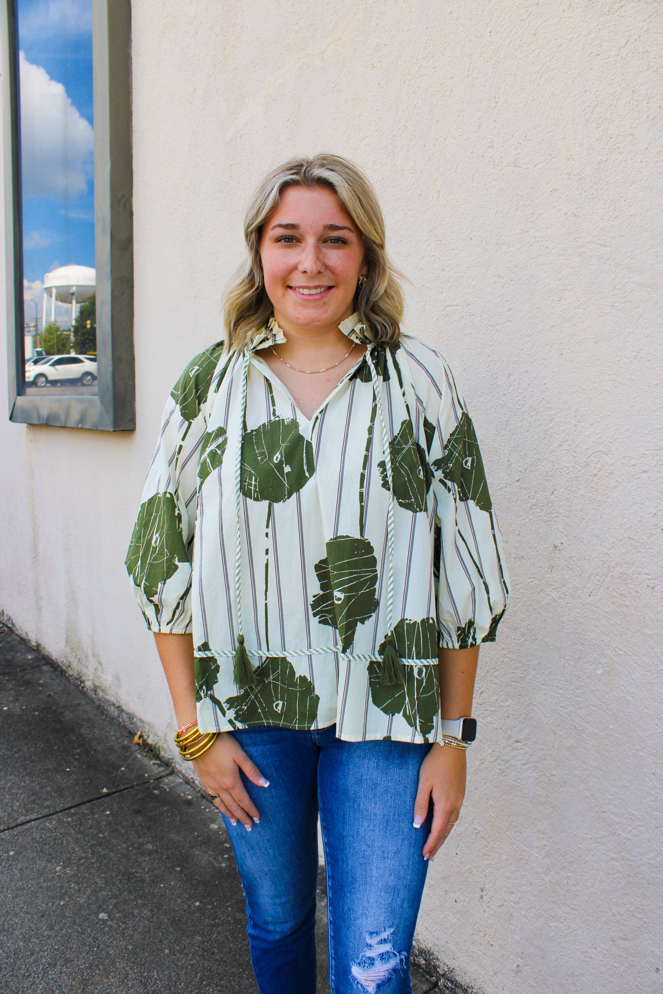 Olive Floral Pleat Top