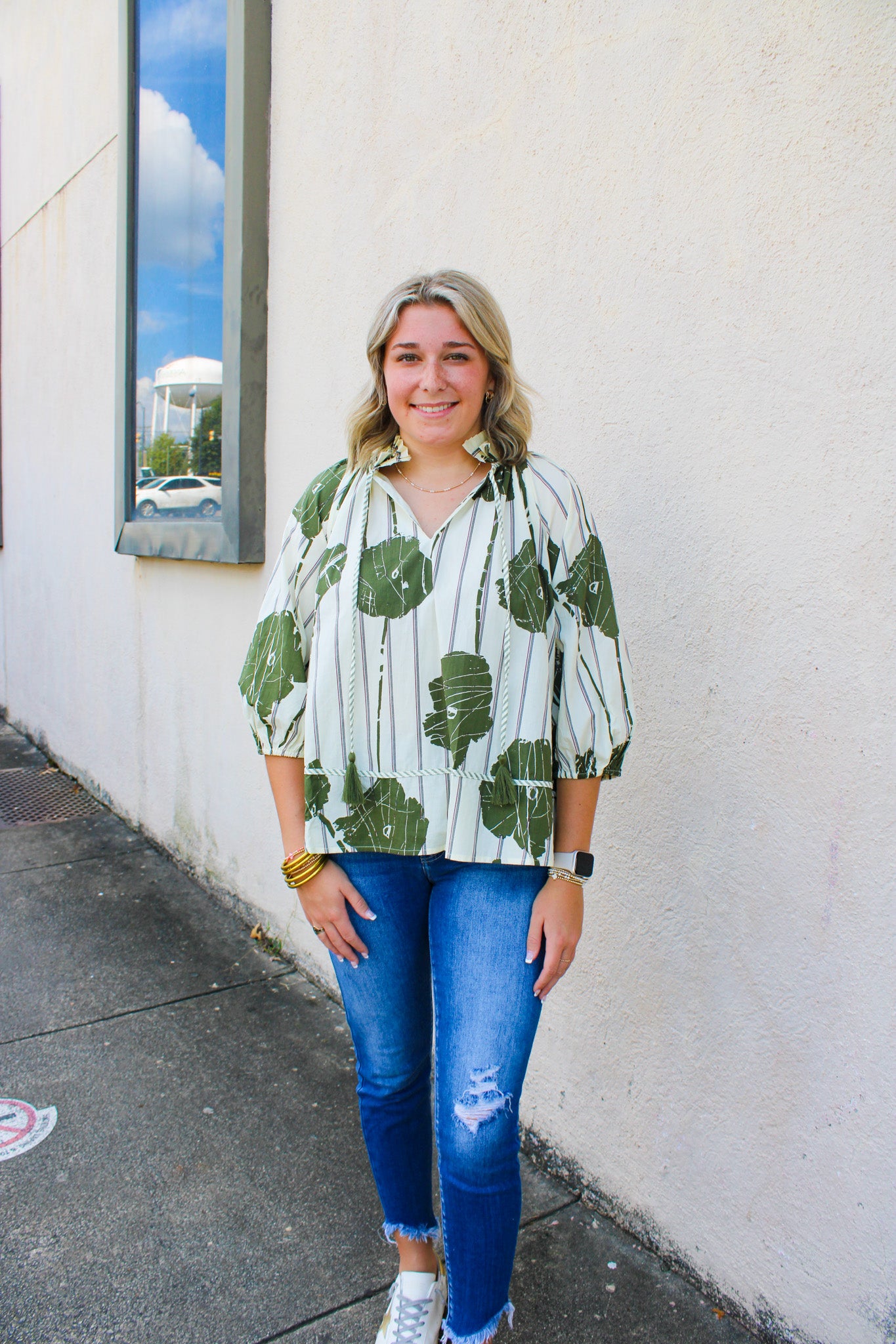 Olive Floral Pleat Top