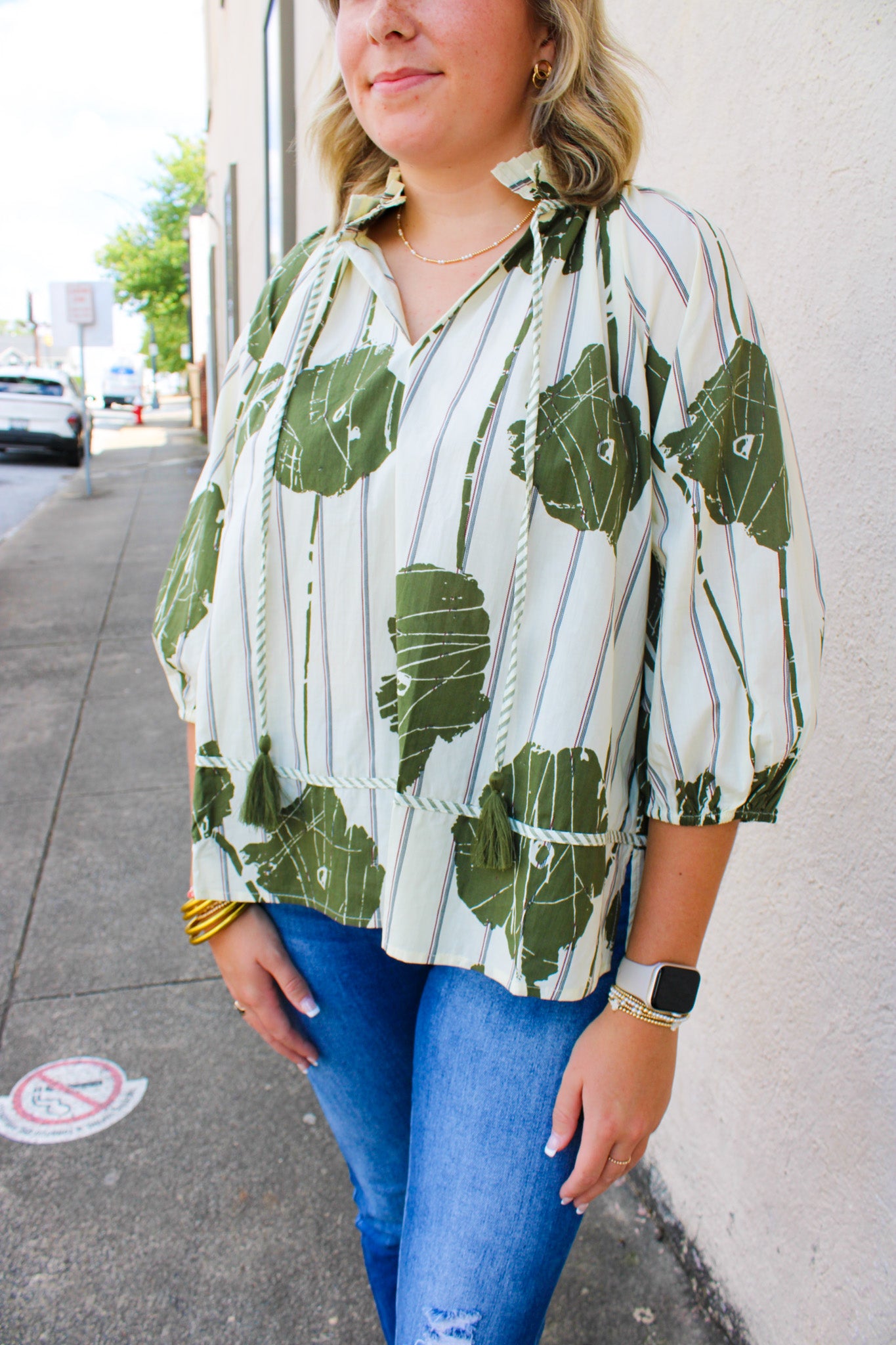 Olive Floral Pleat Top