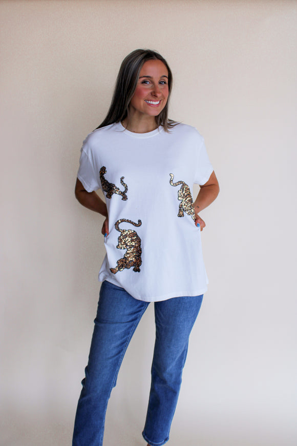 White Gold Sequin Tiger Tee