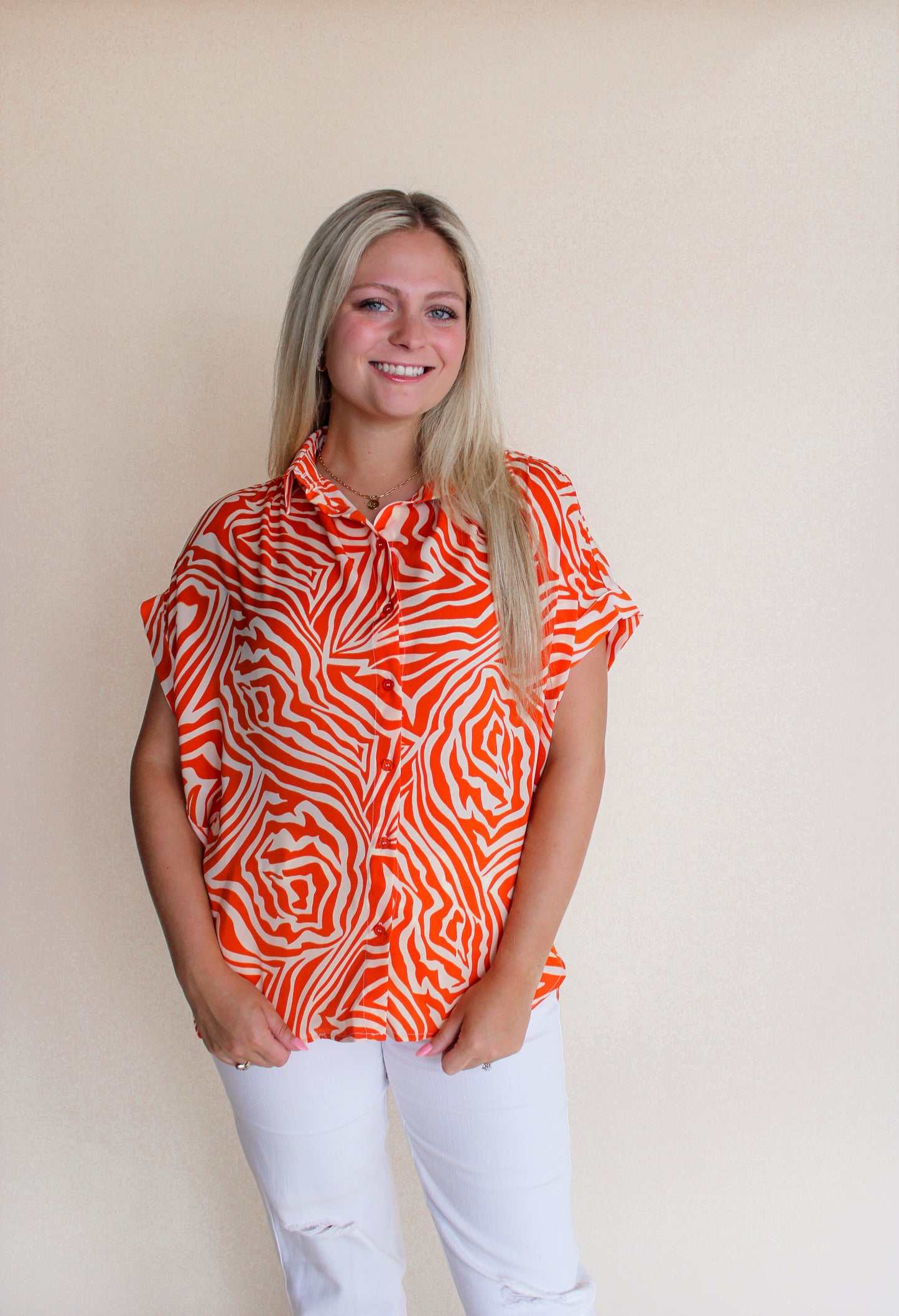 Orange Stripe Button Up Top