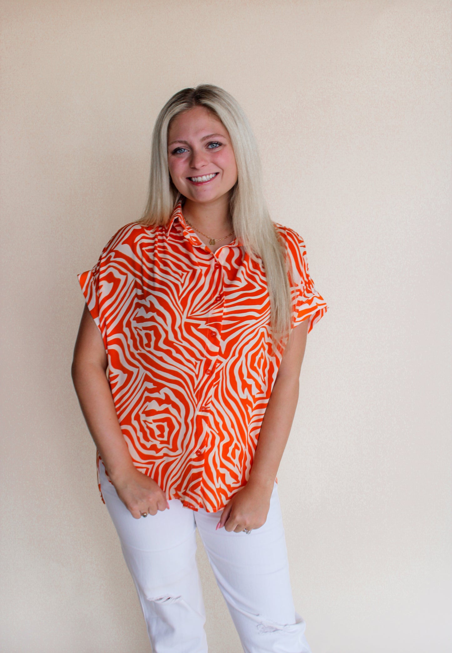 Orange Stripe Button Up Top