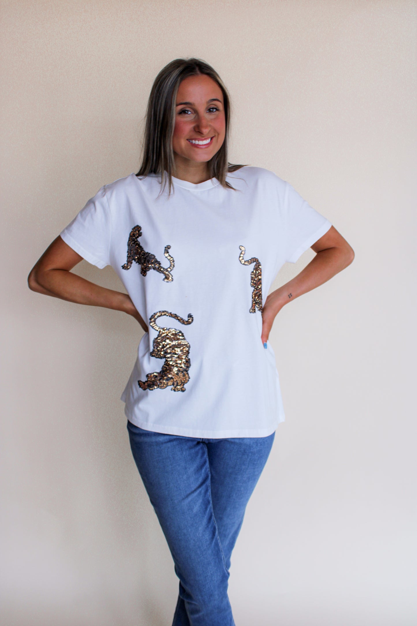 White Gold Sequin Tiger Tee