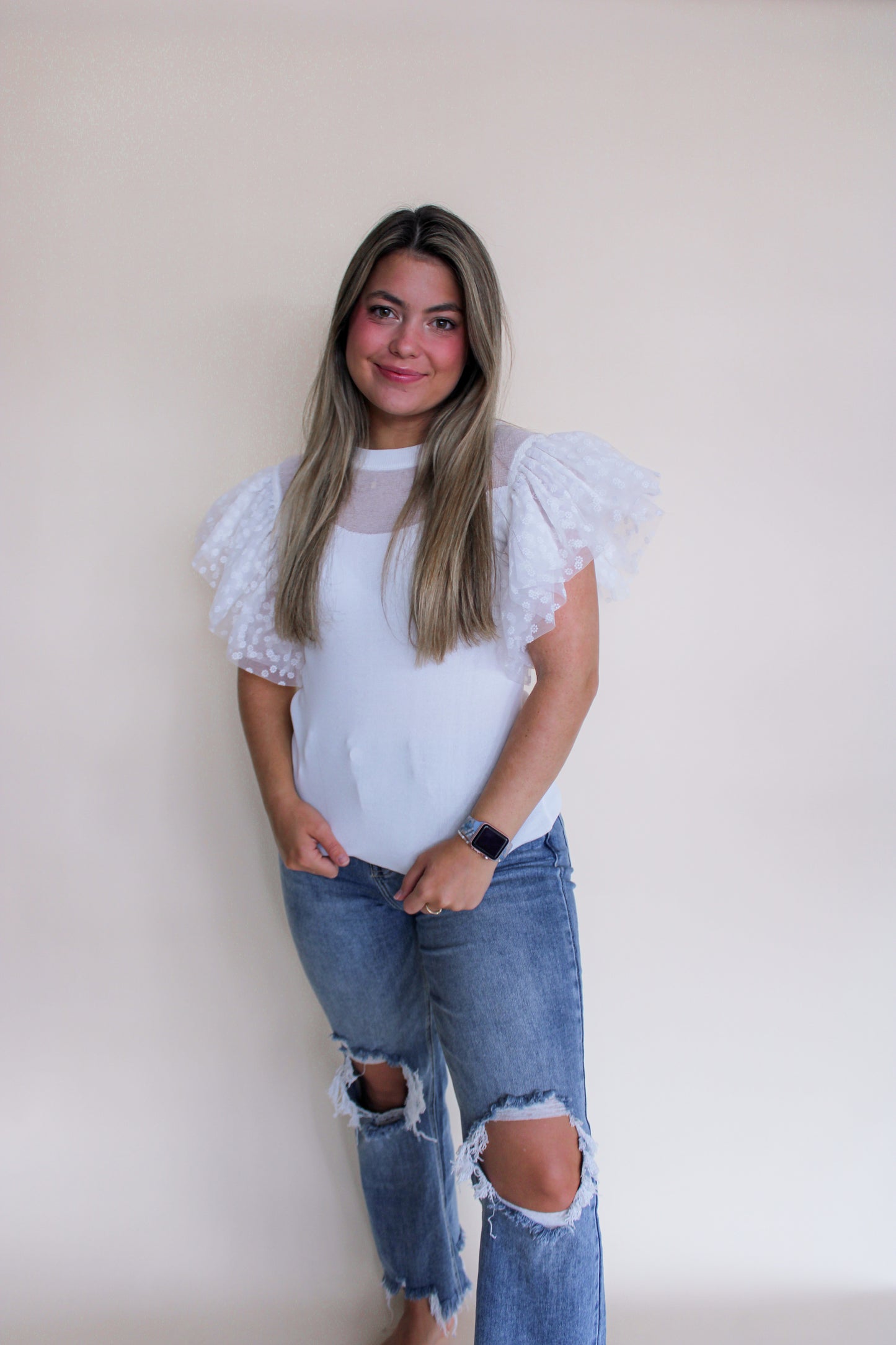 White Flower Tulle Top