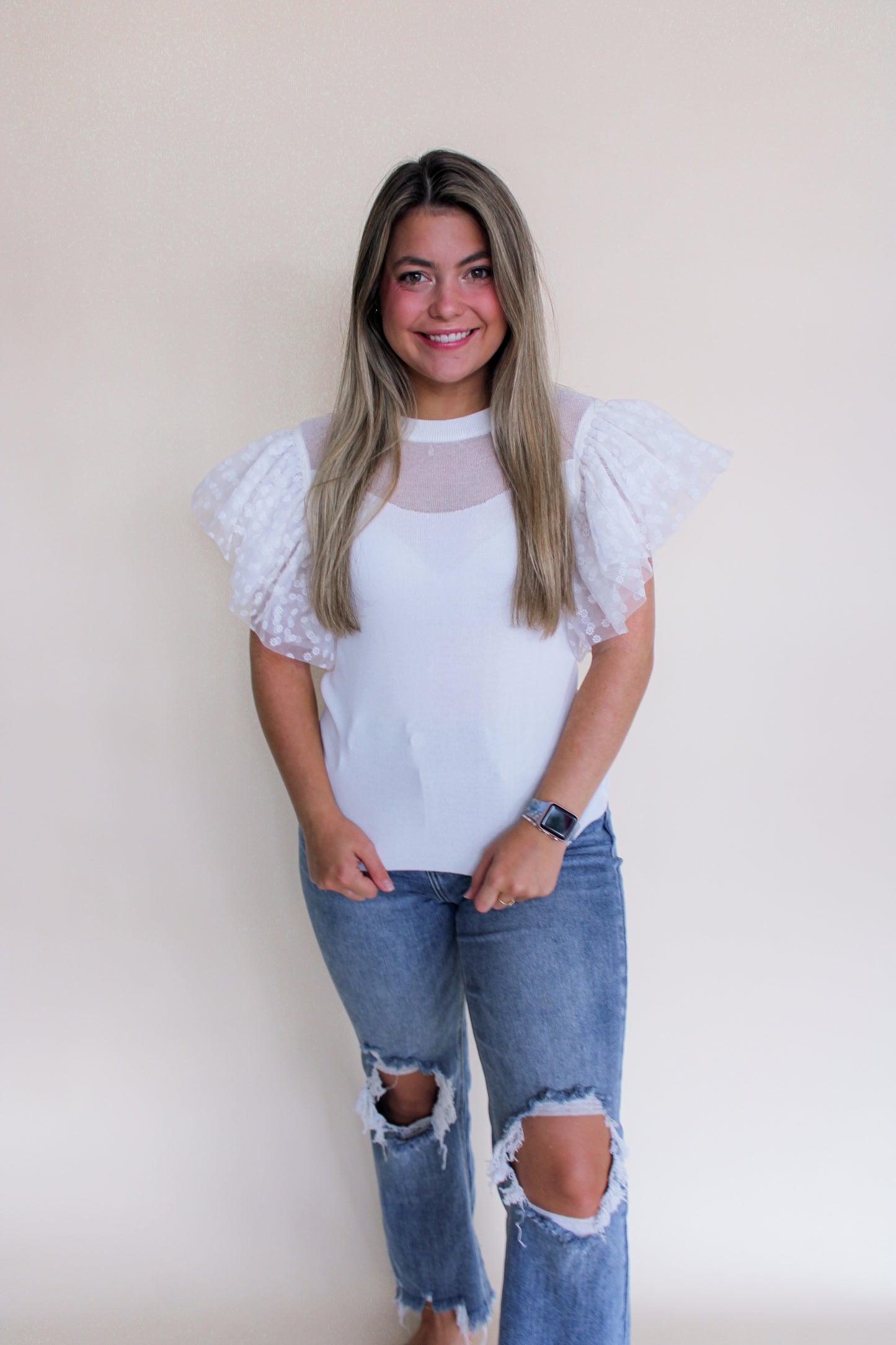 White Flower Tulle Top