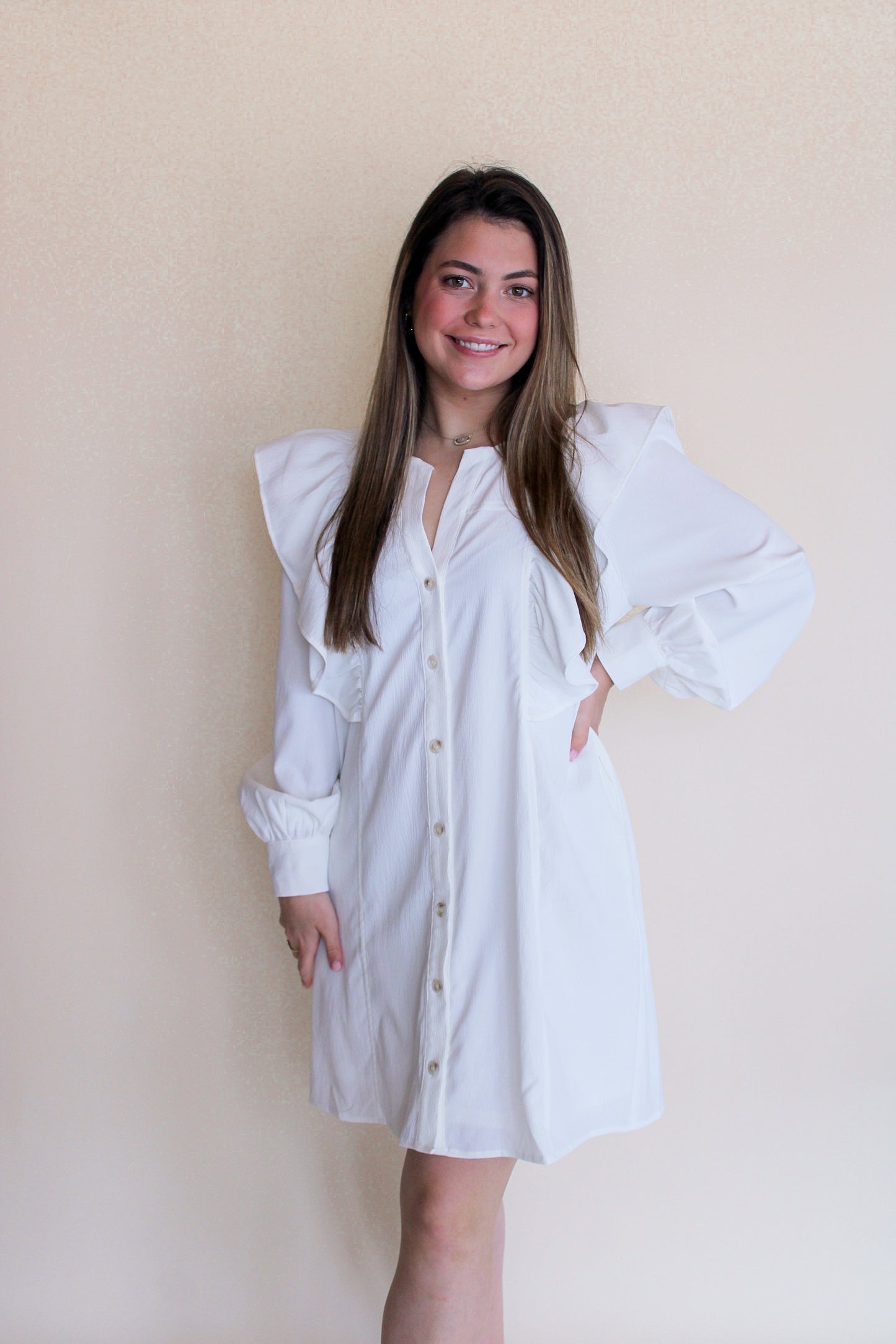 White Ruffle Long Sleeve Dress