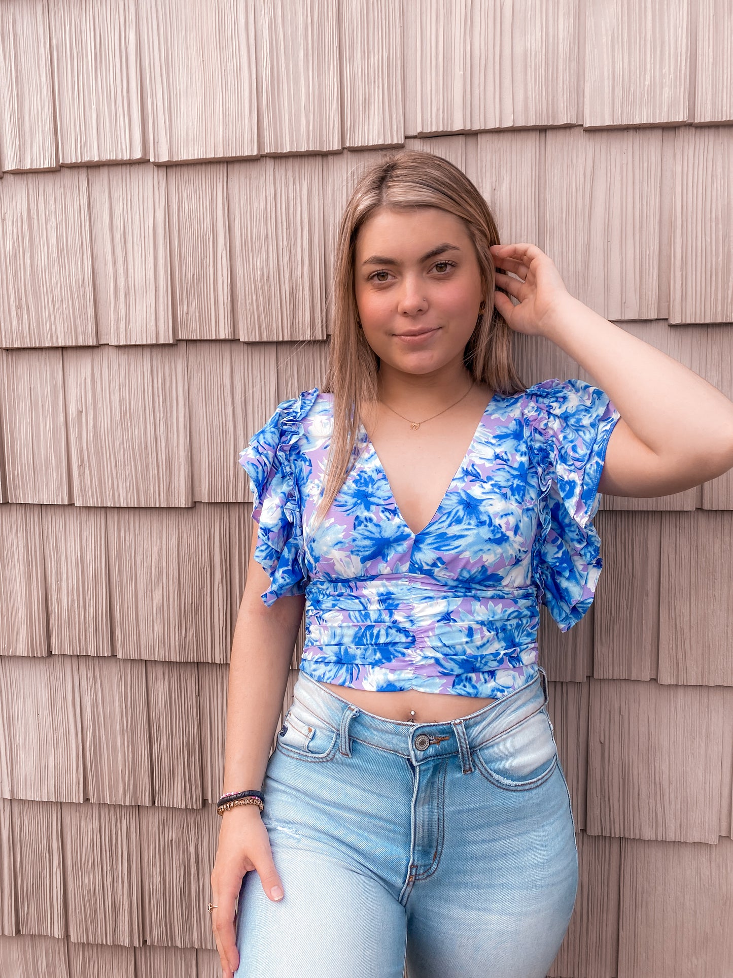 Printed Blue Ruffle Top