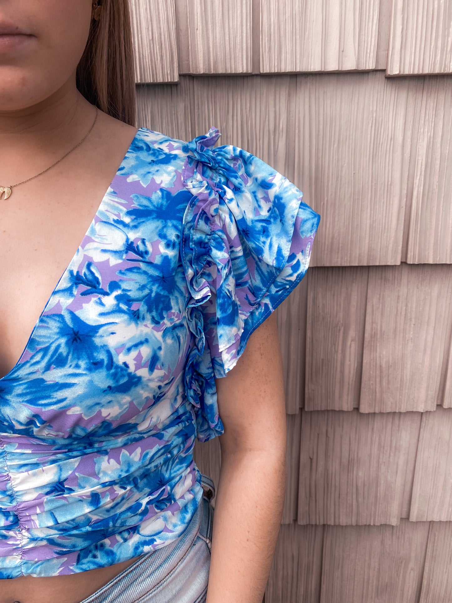 Printed Blue Ruffle Top